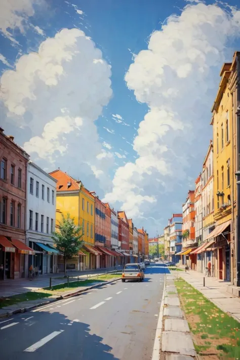 city,european architecture,outdoor,sunny day,road,white clouds,distant view,depth of field,<lora:Oil painting stick_202307101331...
