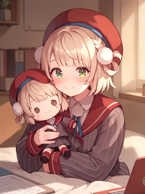 anime girl with blonde hair and green eyes holding a doll