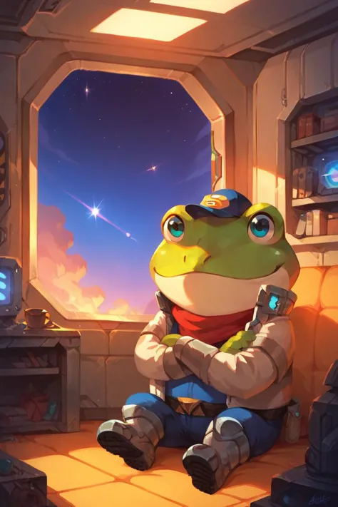 a cartoon frog sitting on a couch in a room with a window