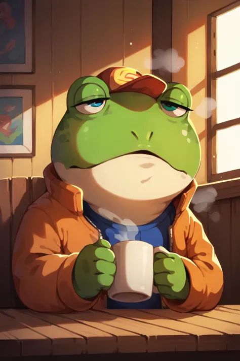 a close up of a frog sitting at a table with a cup of coffee