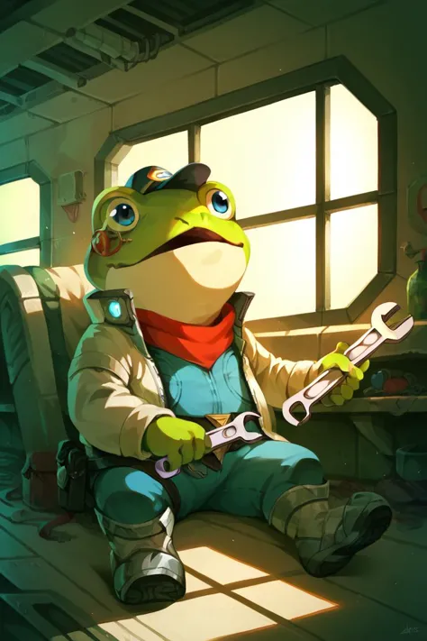 a close up of a cartoon frog sitting on a bench with a wrench