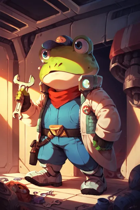 a close up of a frog in a suit and goggles holding a gun