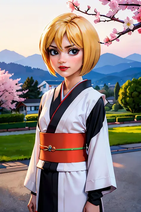 Nazz, short blonde hair, red lipstick, black eyes, traditional kimono, sash, long sleeves, looking at viewer, serious, standing, upper body shot, outside, garden, cherry blossoms, dusk, sunset,mountain, high quality, masterpiece, <lora:Nazz:.8>