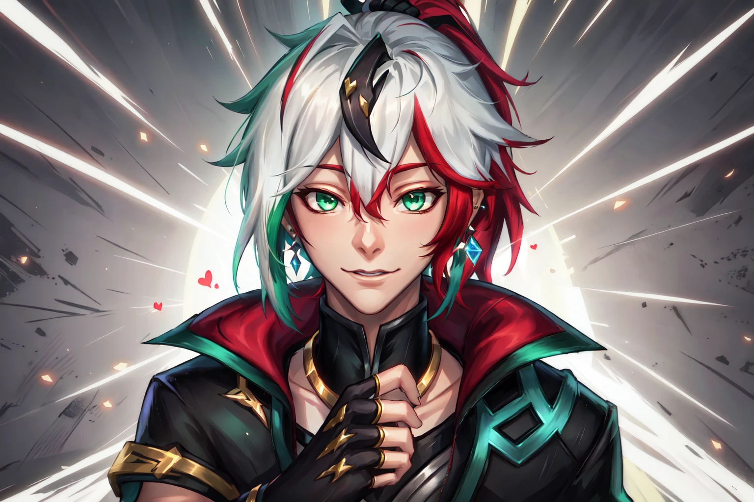 Heartsteel Style, 1boy, male focus, green eyes, solo, ponytail, white hair, red hair, streaked hair, multicolored hair, two-tone hair, closed mouth, long hair, looking at viewer, gloves, jewelry, upper body, earrings, black gloves, fingerless gloves, Yone, League of Legends 