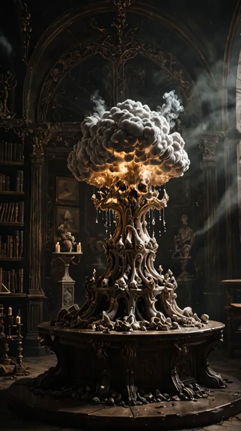 beautiful aesthetic, intricate, 
dark room, a statue of an (atomic bomb explosion cloud), on the top of an altar. made of glass....