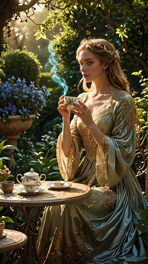 beautiful aesthetic, intricate,
(solo),outdoors garden, fancy garden, gorgeous woman drinking tea, wind, magical aura,
fantasy a...