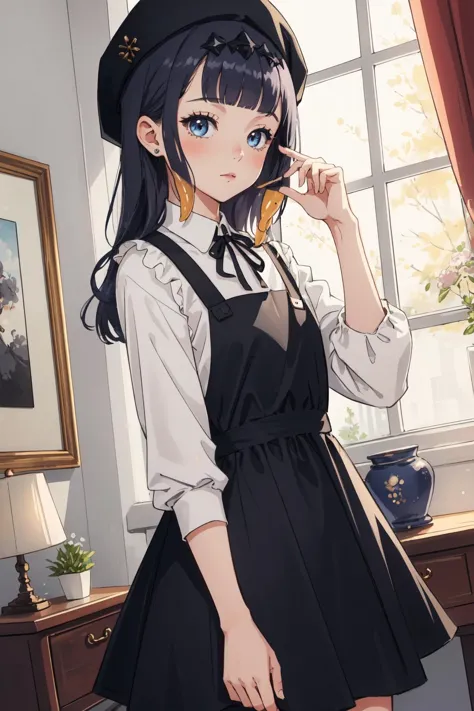 anime girl in a black dress and hat standing in front of a window