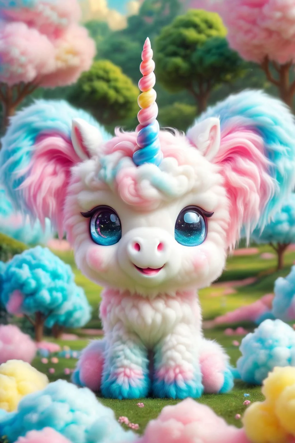 cottoncandy,
In a whimsical candy kingdom,there stands a unicorn crafted from marshmallows,exuding childlike wonder and an air of mystery. Its body is as white and fluffy as a cloud,embodying the spirit of a playful sprite emerging from sweet dreams,
Its head features a radiant rainbow candy gem that forms the iconic horn,shining with seven-colored brilliance,seemingly illuminating every innocent aspiration. The eyes are crafted from translucent hard candies,filled with tender yet inquisitive expressions,
The mane consists of multi-hued strands of marshmallow fluff,each one dazzling like a rainbow,swaying gently in the breeze,whispering enchanting tales. Its tail resembles a billowy marshmallow cloud,soft and dreamy; when it gallops joyfully,it leaves behind a trail of vibrant marshmallow magic,
Its hooves resemble those cast from creamy white chocolate,solid yet sweet,firmly planted on the ground made of colorful candies. This marshmallow unicorn stands tall,serving as both a tangible representation of children's naive fantasies and a mystical presence brimming with magical allure within the fairy tale world,
UHD,Extreme detail,natural light,volume light,fantasism,professional color,professional composition,