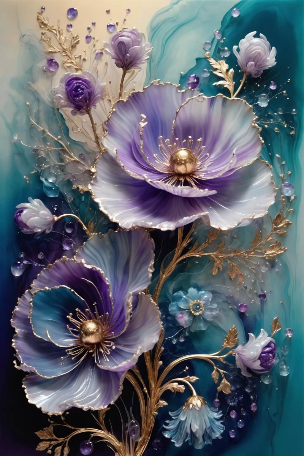 Un ramo de flores en flor,los pétalos muestran diferentes tonos de azul y violeta,el centro está adornado con textura dorada,espumoso,elegante y unico,balanceo suave,misterioso y encantador,arte realista y abstracto,detalles,muy realista,hermosa y vital,onírico y surrealista,pinceladas delicadas y colores ricos,Belleza y misterio,belleza inimaginable,Adornado e intrincado,transparente,translúcido,material de ágata,material de jade,por Anne Bachelier,