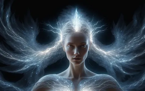close up, upper body, dynamic DonMM1y4XL woman, Evoking conjuration shaped like Shimmer of white ethereal water and electrical m...