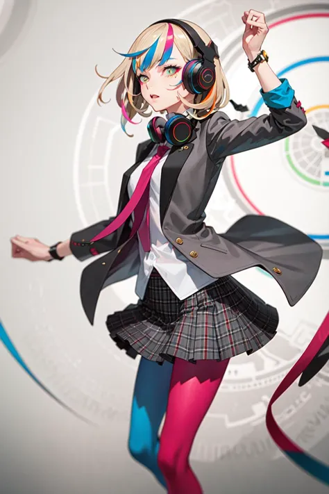 best quality, masterpiece, 1girl, solo <lora:waccaLiz-000100:0.9>, elizabeth (wacca), headphones, multicolored clothes, necktie, jacket, plaid skirt, pantyhose