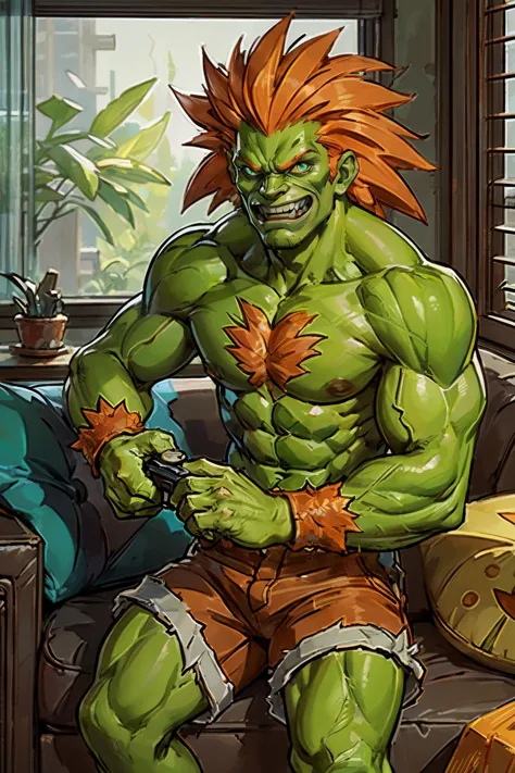 blanka, green skin, muscular, long orange hair, teeth, abs, sharp teeth, monster man, light brown shorts with fur, hair on arms, looking at viewer,serious, evil grin, 
sitting,inside a (messy:1.1) living room, holding a game controller, torn sofa, window, blinds, dim light, high quality, masterpiece, <lora:BlankSF2V6Lora:.4>