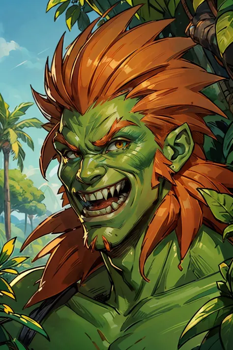 blanka, green skin, muscular, long orange hair, teeth, sharp teeth, monster man, looking at viewer, smiling, grin, close up portrait, outside, jungle trees, vines, blue sky, high quality, masterpiece, <lora:BlankSF2V6Lora:.4>