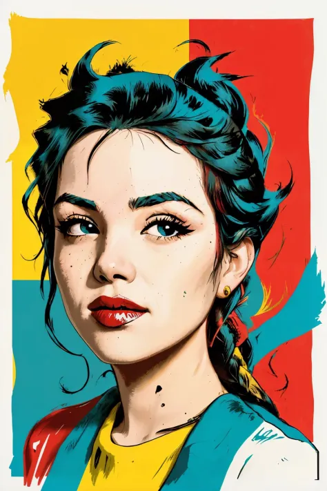 (silkscreen style, bold colors, flat, pop art, Warhol inspired:1.2) GiusyMeloni , focus on eyes, close up on face, wearing jewelry, hair styled messy fishtail braid