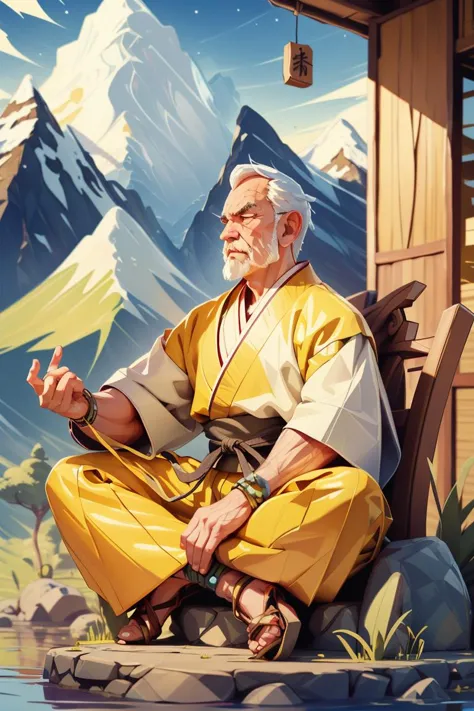 1boy, old man, dragon warrior, sensei, martial arts master, meditating, yellow and white theme, oriental setting, dojo, mountain
