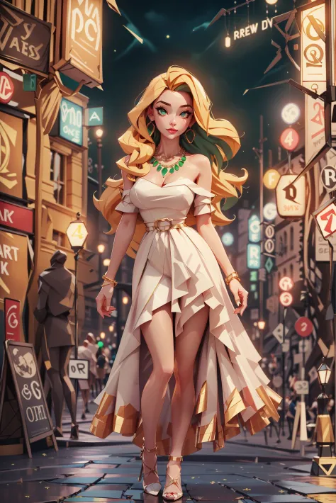 (full body shot), Best quality, masterpiece, ultra high res, (photorealistic:1.4), raw photo, 1girl, (22 years old Latina woman), medium breast, normal waist, dark golden blonde hair glamour, (green detailed eyes), beautiful face, wearing necklace, waist up, in crowded New York Street, night, deep shadow, dark theme, fancy white dress, gorgeous hair,