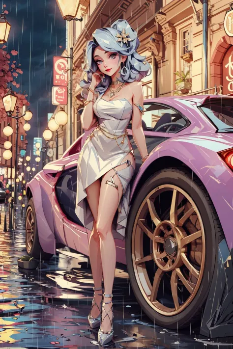 st. louis \(luxurious wheels\) \(azur lane\), hair ornament, portrait, silver dress, revealing clothes, necklace, blue nails, cityscape, night, rain, wet, ,(masterpiece:1.4),(best quality:1.4),realistic,,makeup,red lips,looking at viewer, solo,earrings,8k,best quality, masterpiece, purple eyes,beautiful light,background is a supercar,