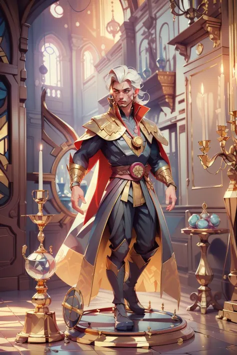 (masterpiece, best quality:1.3), 1boy, gold hair, solo, doctor strange (series), magic circle, magic book, candle, full body, Super many details, 3d, Classical castle , Complex background,