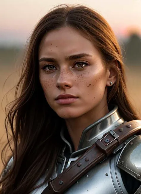 (closeup:1.1) of an angry female legionnaire with freckles and long brown hair on a medieval battlefield, killed warriors in the background, detailed skin, detailed photo, bokeh, 200mm lens, extreme close-up, extreme shooting, cinematic, evening sunset, contrast photo , neutral cinematic colors, dynamics, full realism, super detail, dynamic atmosphere, dust of battle, sand,