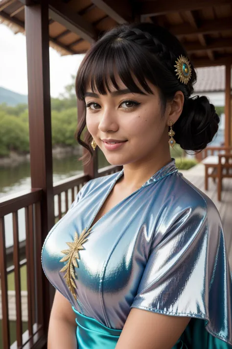 a close up of a woman in a blue dress posing for a picture