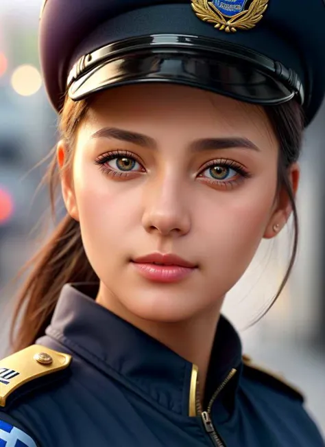 a close up of a woman in a uniform with a police hat