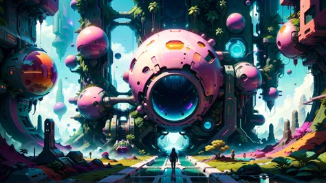 a man standing in front of a futuristic city with a giant pink object