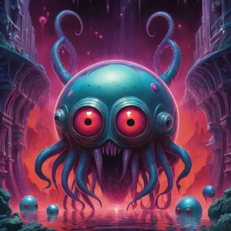 a painting of a giant octopus with red eyes in a dark city