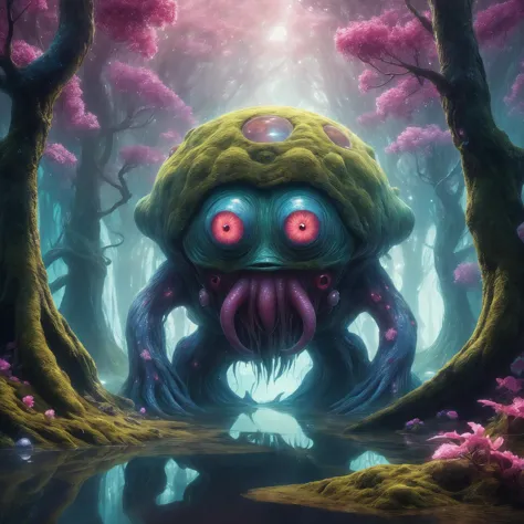 a painting of a giant octopus with a big head in a forest