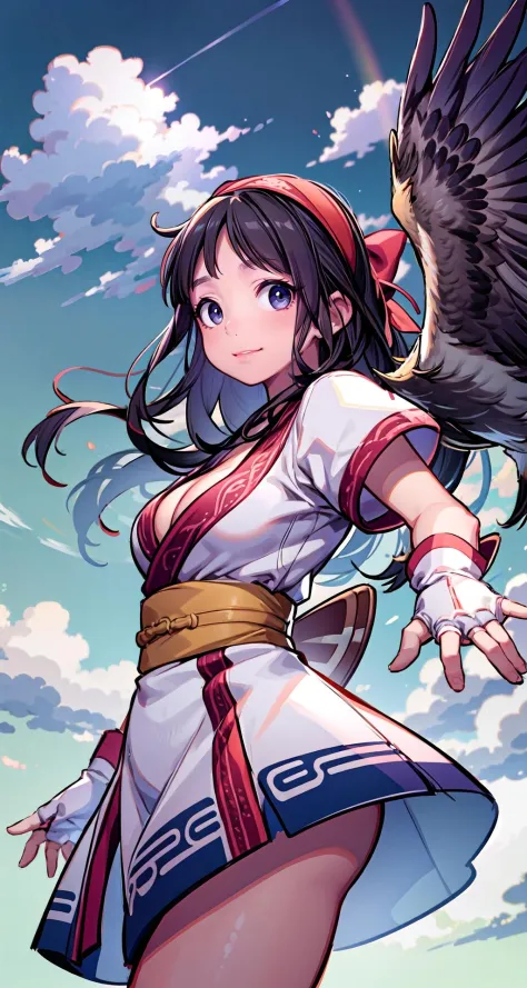 (masterpiece),(intricate details),1boy,young girl,smile,large breasts:1.3,Cleavage
BREAK
NakoruruMS, bow, hairband, ainu clothes, fingerless gloves , short sleeves,((the hawk flies away)),<lora:Nakoruru:0.8>,((barefoot))
BREAK
day,sun,rainbow,((cumulonimbus)),looking at viewer, from below:1.3, ((upper body))