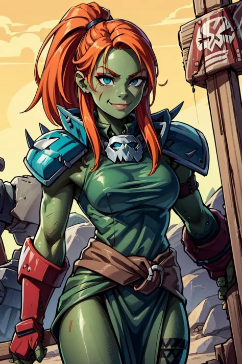 a cartoon image of a woman with red hair and green skin