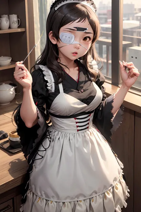 (masterpiece, best quality), 1girl,  KitazawaShiho, KitazawaCasual, striped shirt, black skirt, KitazawaEyepatch, eyepatch, wa maid, maid headdress, maid apron, japanese clothes