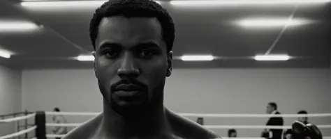 cinematic film still of Film Grain style
 Chiaroscuro Lighting Style
 Film grain still image of a black man with a boxing robe in a boxing ring staring at camera,solo,simple background,1boy,closed mouth,monochrome,greyscale,male focus,facial hair,black background,portrait,realistic , cinematic look, film look, filmic, contrast, detailed, high quality, sharp image, film color, Kodak Motion Picture Film style, different color, different people, different look, different style, 35MM Film, 16MM Film, Photographic film, music video style, artistic style, cinematic style, film granularity, film noise, image noise, artistic effect, Fujicolor, Fuji film, Analog photography, movie style, movie still, Film grain overlay, Film Grain style, shallow depth of field, vignette, highly detailed, high budget, bokeh, cinemascope, moody, epic, gorgeous, film grain, grainy