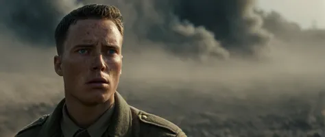 cinematic film still of Film Grain style
 Chiaroscuro Lighting Style
 a closeup of a German soldier in surprise shock staring at camera with teary face with a jacket, alone, single, battlefield ww1 style,solo,looking at viewer,blue eyes,black hair,1boy,closed mouth,male focus,blurry,depth of field,blurry background,portrait,close-up,freckles,realistic , war, war zone, battle, explosion in background, dust, smoke, debris, warrior, soldier, dark themed, cinematic, film look, world war 1, first world war, ww1, military, dramatic light, shallow depth of field, vignette, highly detailed, high budget, bokeh, cinemascope, moody, epic, gorgeous, film grain, grainy