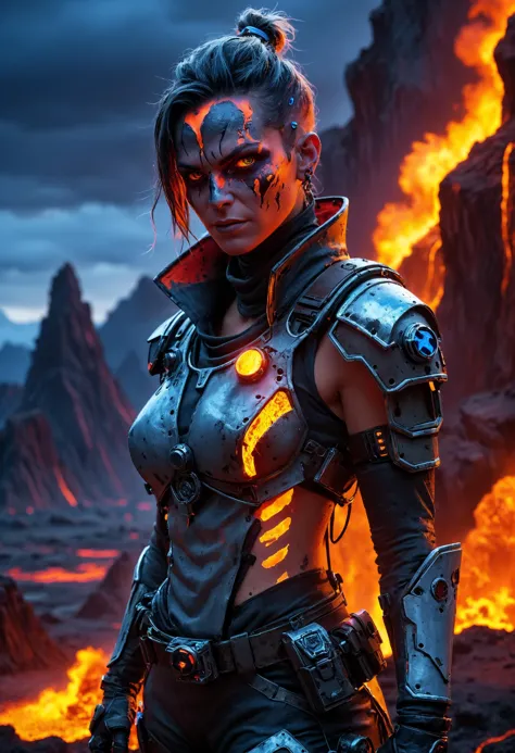 a woman in a futuristic outfit standing in front of a mountain