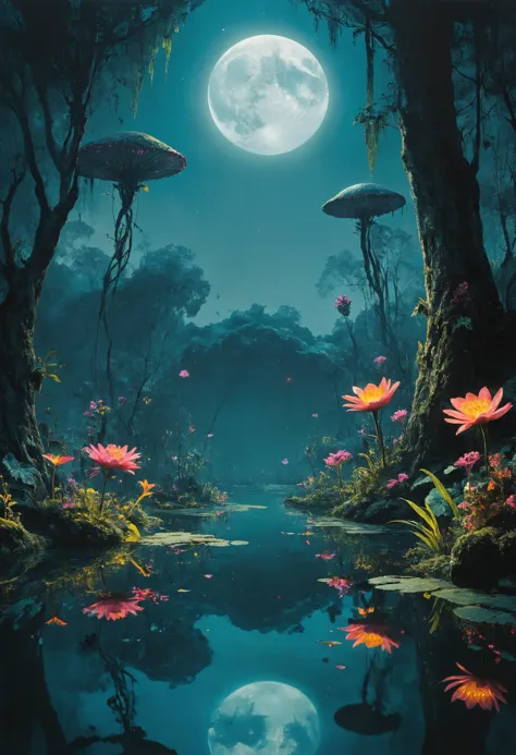 alien landscape, Floating gardens adorned with exotic flowers, Mirror-like lake reflecting surrounding forest , alien flora, Moo...
