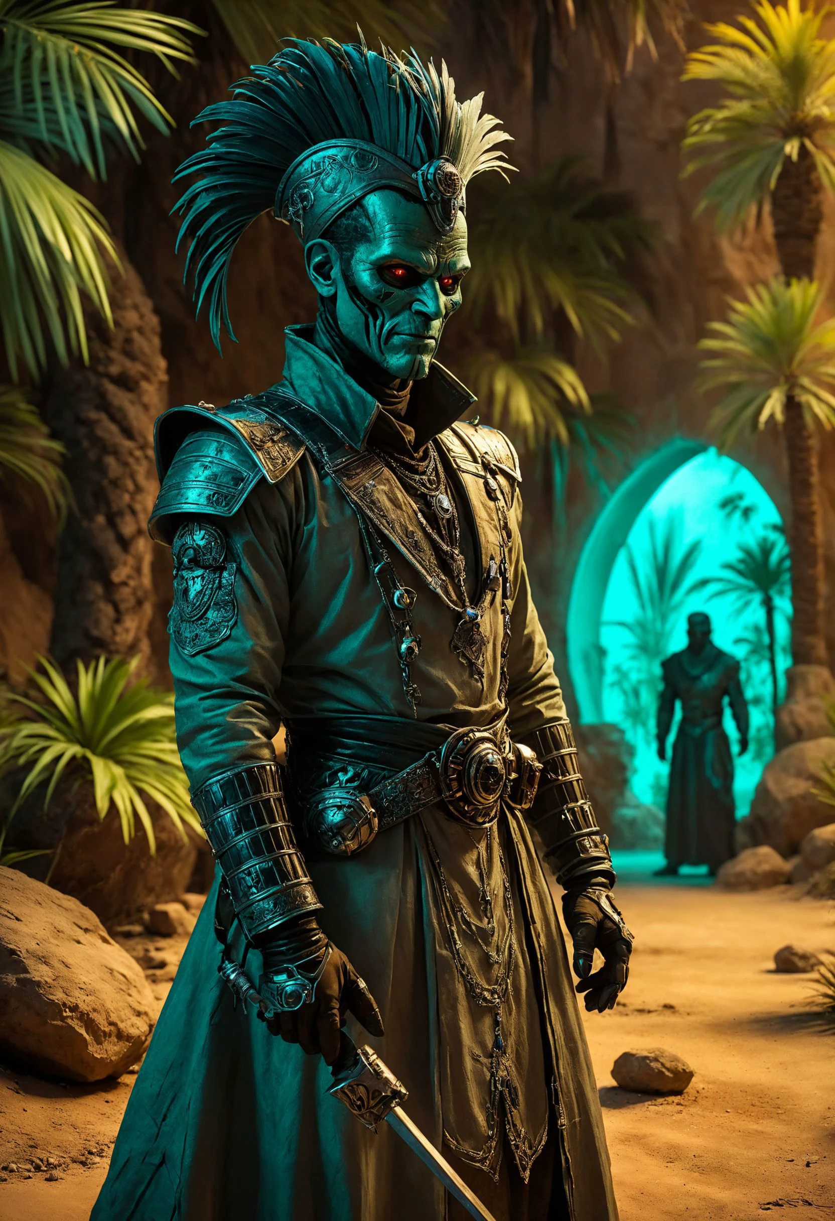 evil villain Underground surgeon specializing in cyber-enhancements, Desert oasis with lush palm trees in the background, Chiaroscuro, blacklight makeup, sharp focus, highly detailed