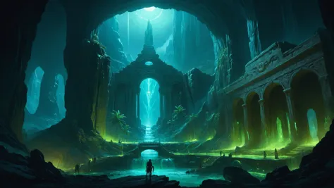 The zavy-rmn ruins of an alien civilization, Subterranean rivers flowing through phosphorescent caves in the background, great lighting, glowwave, blacklight makeup, sharp focus  digital painting, concept art, award-winning illustration by Greg Rutkowski, James Gurney, art by artgerm, Alphonse Mucha, and charlie bowater <lora:zavy-rmn-sdxl:0.8> <lora:great_lighting:0.4> <lora:blacklight_makeup_v2:0.7>