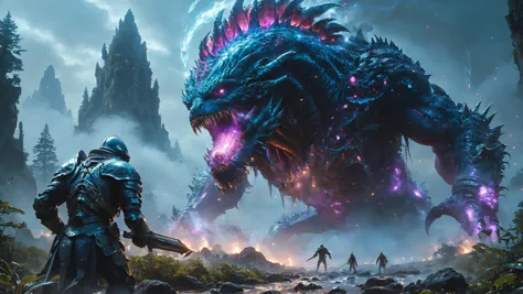 a man standing in front of a giant monster in a forest