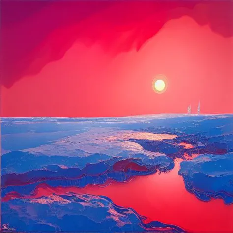 a painting of a red sky with a red sun and some ice