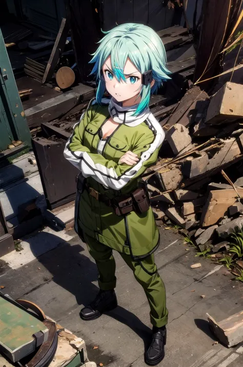 anime character in uniform standing in front of a pile of junk