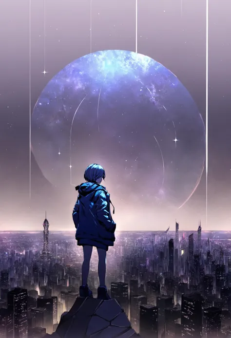 masterpiece, best quality,solo, 1girl, short hair, hair over one eye, blue eyes, hood, jacket, white background, full body, abstract ,scenery, cityscape, night, sky, city, building, city lights, night sky, dark, skyscraper, star (sky), outdoors, blue theme, starry sky, letterboxed  
<lora:ABXLlokr8f-000109:0.95>