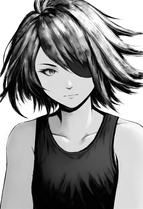 masterpiece, best quality,1girl, monochrome, solo, greyscale, eyepatch, simple background, white background, messy hair, looking at viewer, medium hair, black tank top, tank top, portrait, hair between eyes, hair over one eye, bangs, short hair ,
<lora:ABXLlokr8f-000109:0.95>