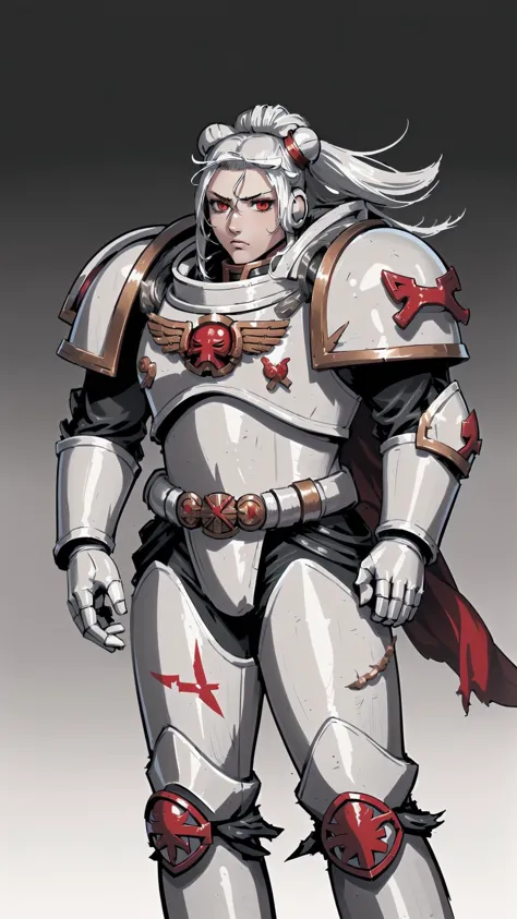 <lora:Warhammer_40K_-_Space_Marines_-_White_Scars:0.8> Warhammer 40K, White Scars, Space Marines, white scars emblem, white power armor, red topknot, long hair,  (helmet),