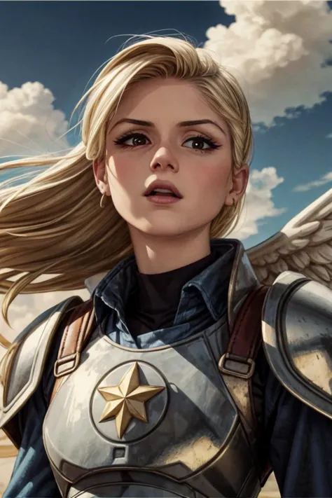 <lora:Erin_Moriarty-v1:1.2>  3r1n,woman, long blonde hair, looking at viewer, portrait,  looking up, solo, (full body:0.6), detailed background, ( 1920s art deco theme:1.1), angelic face, stoic expression,  warrior,  floating rocks, DayGlo steel leather armor,  coat of arms, tabard, divine smite,  religious symbol, bright clouds, bright realistic lighting,  bloody battlefield,  healing aura, hair blowing in wind,, <lora:add_detail:1> , <lora:GoodHands-beta2:1>