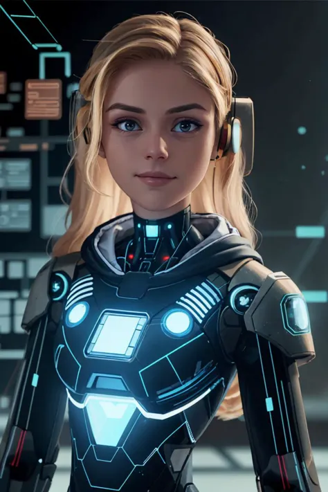 a woman in a futuristic suit standing in front of a screen