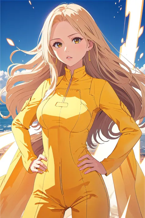 a woman in yellow is standing on the beach with her hands on her hips