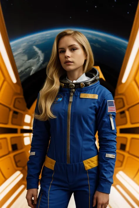 a woman in a blue space suit standing in a space station