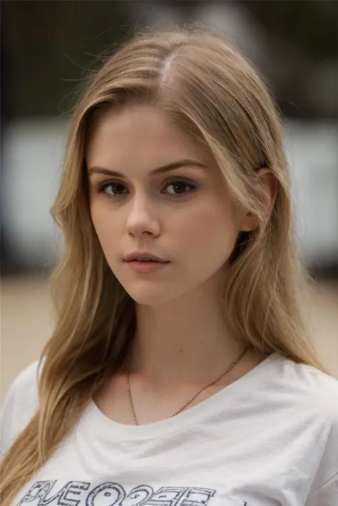 a woman with long blonde hair wearing a white shirt