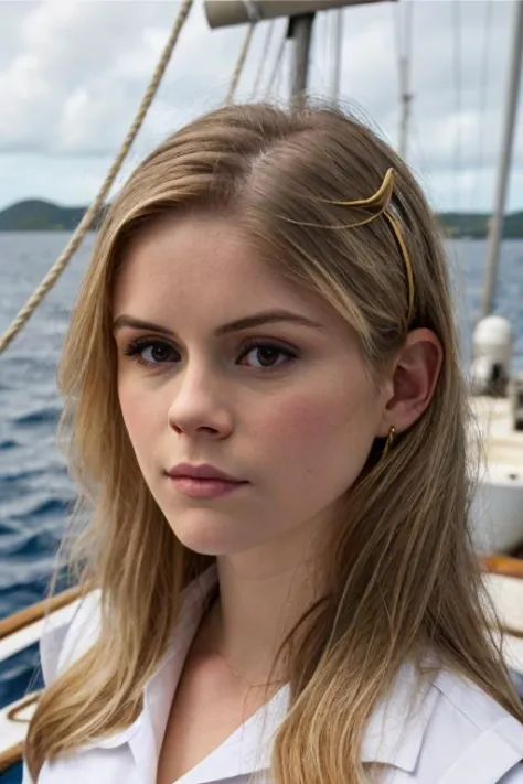 a close up of a woman on a boat with a sail in the background