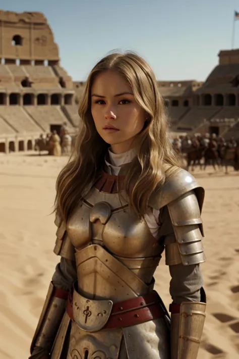 a woman in a knight outfit standing in front of a stadium